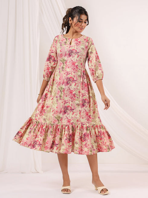 Janasya Women's Pink Pure Cotton Floral Printed A line Dress